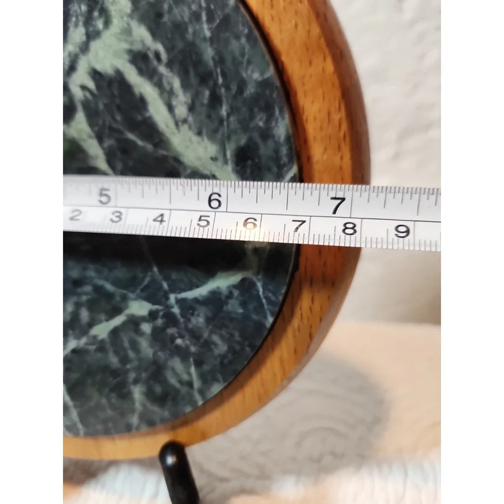 Vintage Cornwall round cheese cutting board green marble top & light wood base.